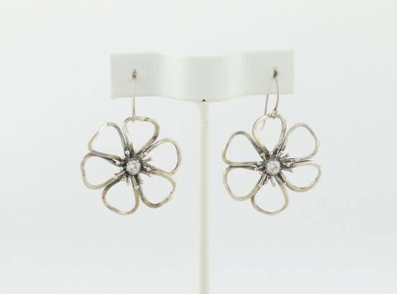 Unbranded Jewelry - Sterling Silver Cubic Zirconia Flower Earrings Dangle Drop Israel 1 3/4" X 1 1/8